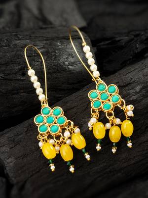 long hook green floral earrings with yellow bead clusters and pearl accents 1