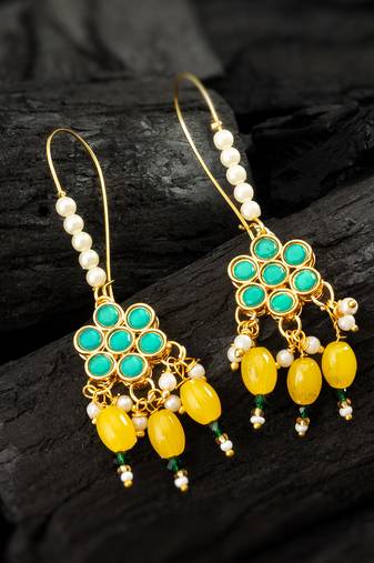 long hook green floral earrings with yellow bead clusters and pearl accents