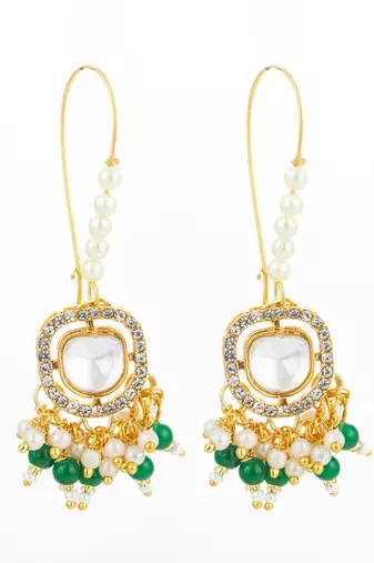 gold plated hook earrings with emerald green bead tassels