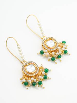 gold plated hook earrings with emerald green bead tassels 3
