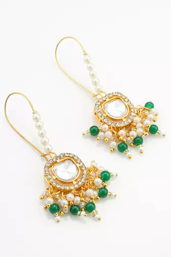 gold plated hook earrings with emerald green bead tassels