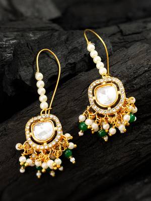 gold plated hook earrings with emerald green bead tassels 1