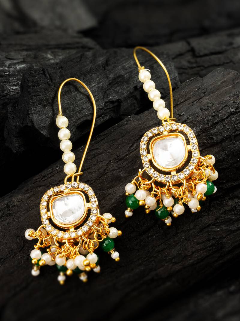 gold plated hook earrings with emerald green bead tassels