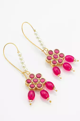 pink floral stone hook earrings with matching bead drops and pearls