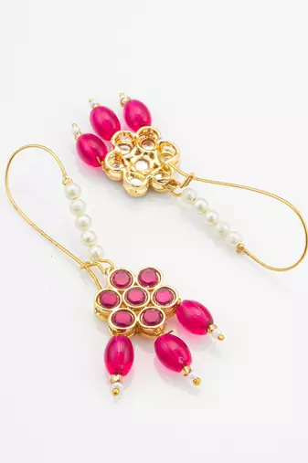 pink floral stone hook earrings with matching bead drops and pearls
