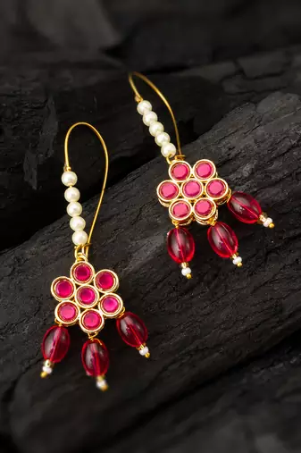 pink floral stone hook earrings with matching bead drops and pearls