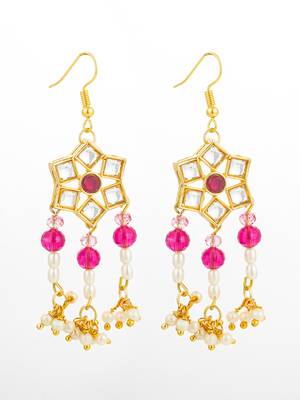 ruby red hexagonal kundan chandelier earrings 1
