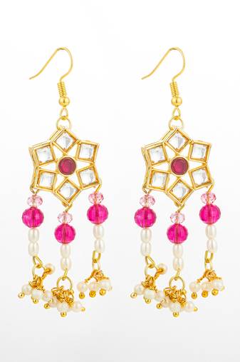 ruby red hexagonal kundan chandelier earrings