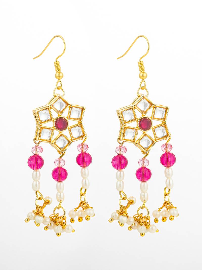 ruby red hexagonal kundan chandelier earrings