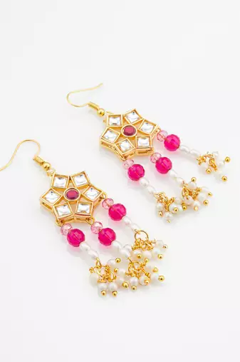 ruby red hexagonal kundan chandelier earrings