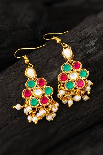 festive pink and green kundan cluster drop earrings