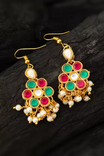 festive pink and green kundan cluster drop earrings