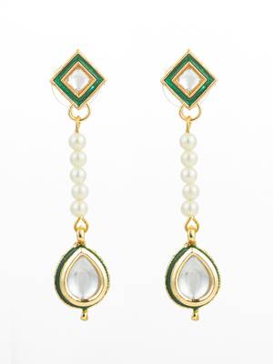 green and clear kundan long drop earrings with pearls 2
