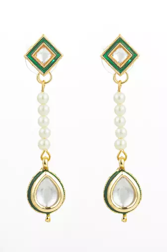 green and clear kundan long drop earrings with pearls