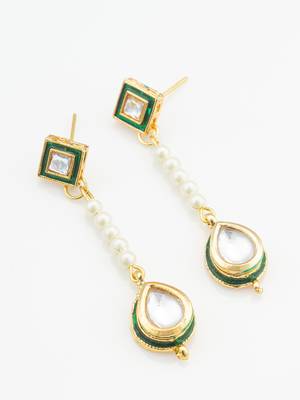 green and clear kundan long drop earrings with pearls 3