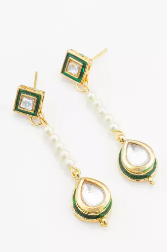 green and clear kundan long drop earrings with pearls