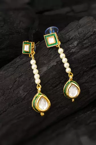green and clear kundan long drop earrings with pearls