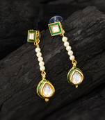 green and clear kundan long drop earrings with pearls
