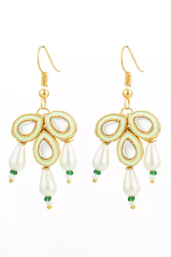 mint green enamel kundan drop earrings with pearls