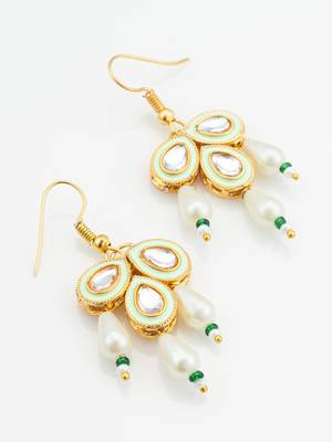mint green enamel kundan drop earrings with pearls 3