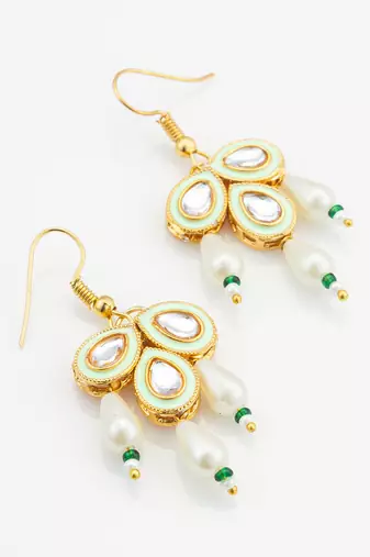 mint green enamel kundan drop earrings with pearls