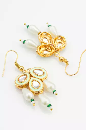 mint green enamel kundan drop earrings with pearls