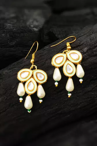 mint green enamel kundan drop earrings with pearls