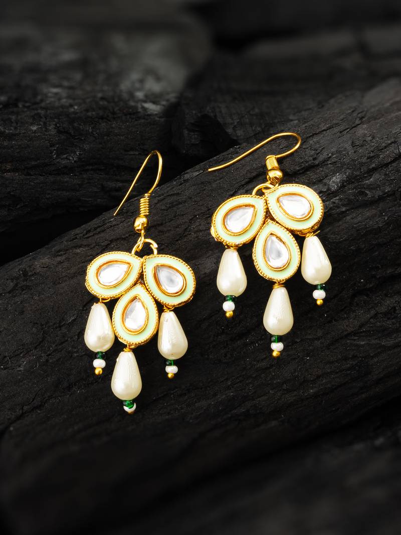 mint green enamel kundan drop earrings with pearls