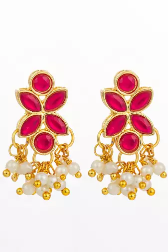 premium gold plated pink kundan and pearl earrings