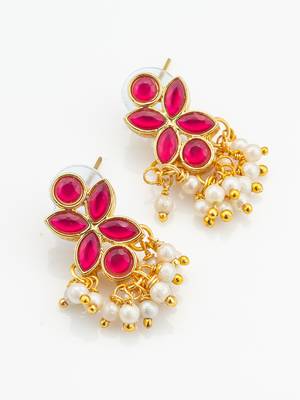 premium gold plated pink kundan and pearl earrings 3