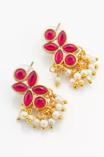 premium gold plated pink kundan and pearl earrings