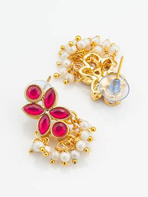 premium gold plated pink kundan and pearl earrings 4
