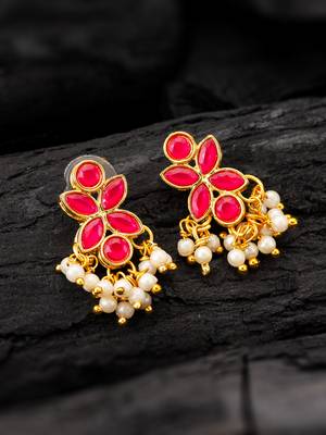 premium gold plated pink kundan and pearl earrings 1
