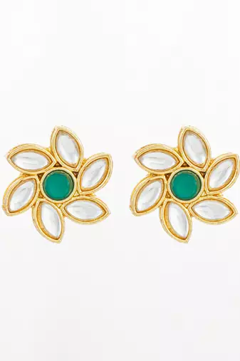 traditional gold plated white and green kundan floral studs