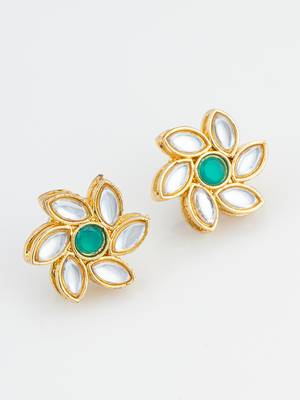 traditional gold plated white and green kundan floral studs 3