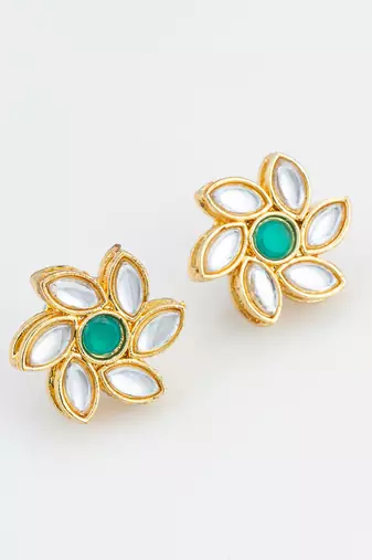 traditional gold plated white and green kundan floral studs