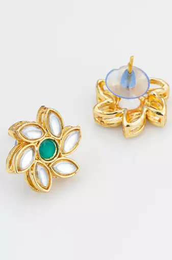 traditional gold plated white and green kundan floral studs