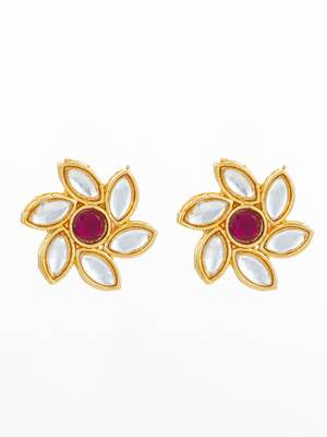 vibrant gold plated white and pink kundan floral studs 2
