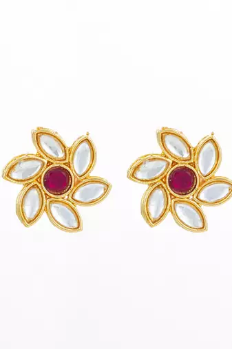 vibrant gold plated white and pink kundan floral studs