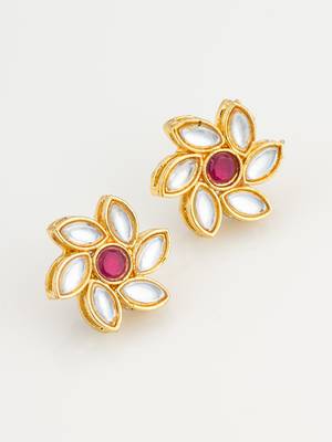 vibrant gold plated white and pink kundan floral studs 3