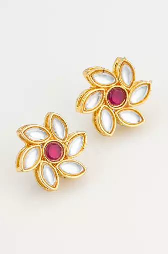 vibrant gold plated white and pink kundan floral studs