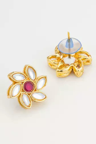vibrant gold plated white and pink kundan floral studs