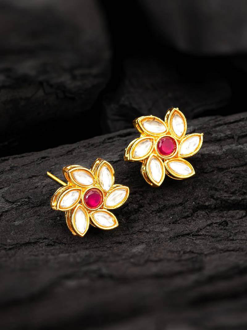 vibrant gold plated white and pink kundan floral studs