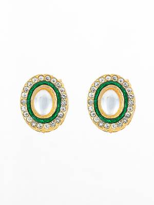 traditional gold plated green and white kundan stud earrings 2