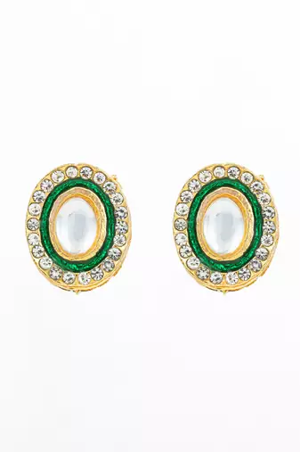 traditional gold plated green and white kundan stud earrings