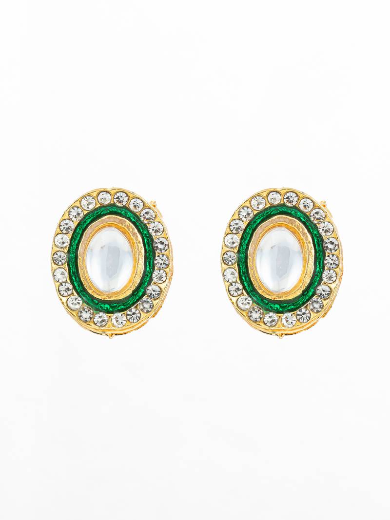 traditional gold plated green and white kundan stud earrings