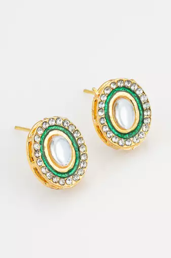 traditional gold plated green and white kundan stud earrings