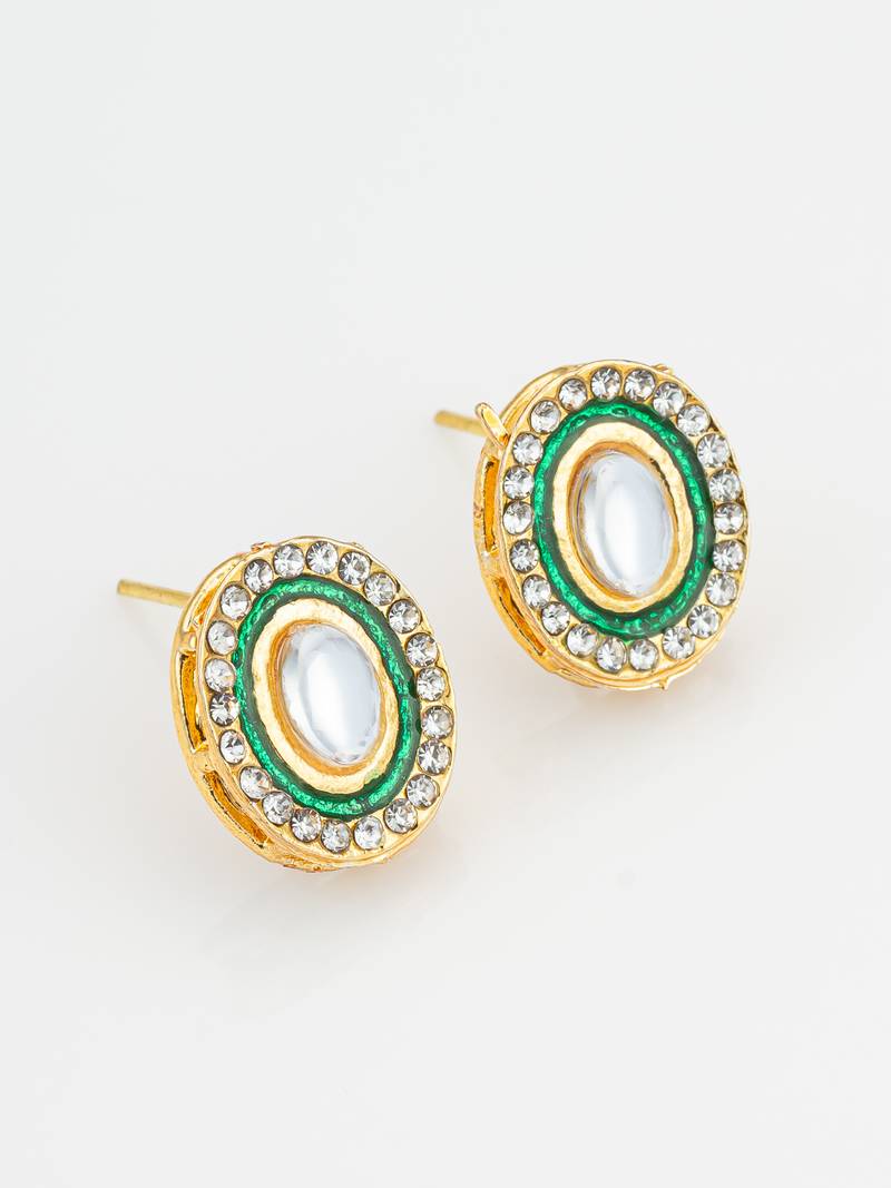 traditional gold plated green and white kundan stud earrings