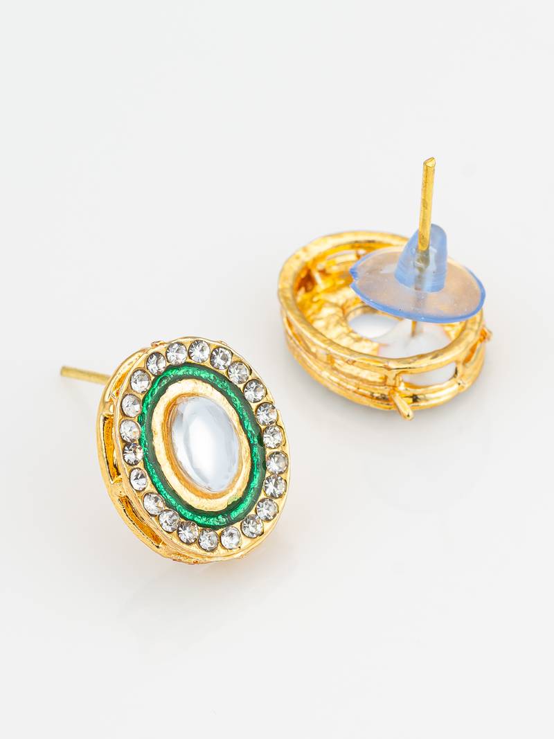 traditional gold plated green and white kundan stud earrings