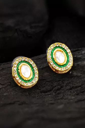 traditional gold plated green and white kundan stud earrings